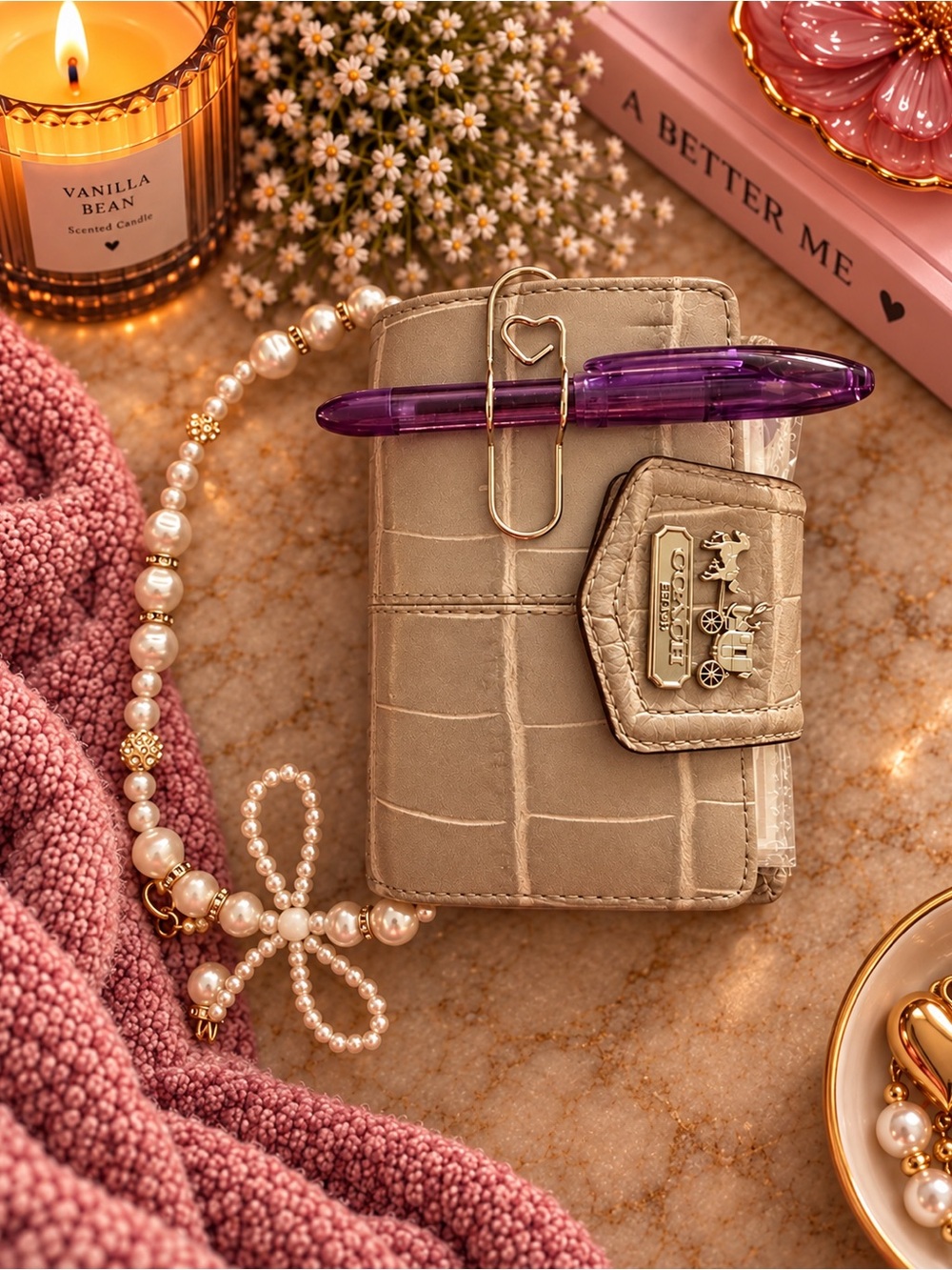Coach Croc-Embossed Small Wallet in Beige with Pearl Wristlet
